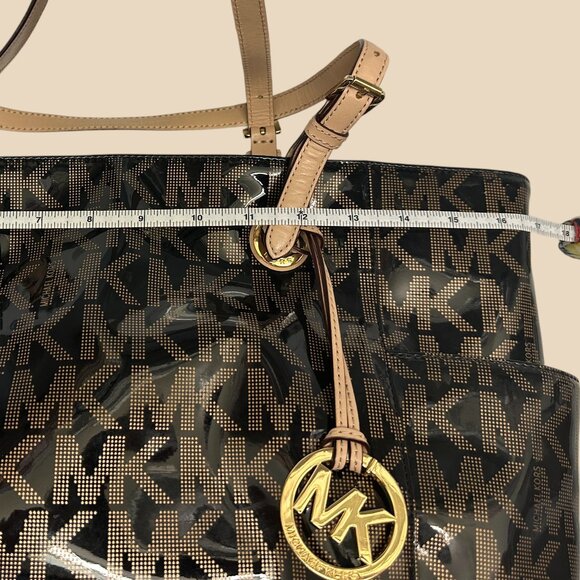 Michael Michael Kors Black/Beige Large Signature Patent Leather Jet Set Tote - Picture 14 of 16